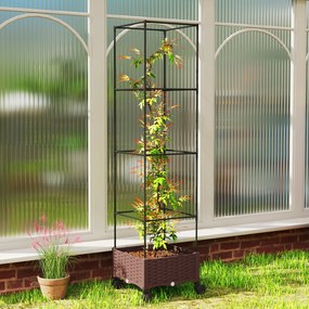 Outsunny Jardinieră Înălțată cu Spalier 20L, Pat de Grădină Înălțat pentru Exterior cu Roți Blocabile, Sistem de Autoirigare, Orificii de Drenaj pentru Plante Cățărătoare, Legume și Flori, Maro | Aosom Romania