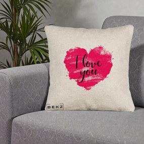 Cadou Romantic - Perna Personalizata I Love You Inima Roz, 40x40 cm, Bej Canapea, Husa Detasabila, Perna Inclusa, BEKZ®