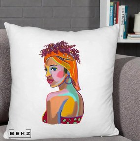 Perna Decorativa Portret Femeie Colorat Pop Art, 40x40 cm, Alb Pufos, Husa Detasabila, Perna Inclusa, BEKZ®