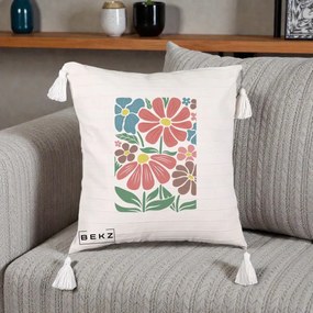 Perna Decorativa Flori Grafice Colorate Retro, 40x40 cm, Bej cu Franjuri, Husa Detasabila, Perna Inclusa, BEKZ®