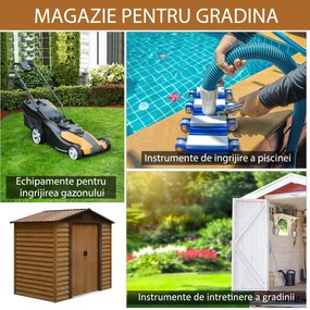 Outsunny Magazie de gradina cu usi glisante, magazie pentru scule cu structura din otel si baza si pereti cu efect de lemn, 152x235,7x208,7cm