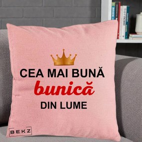 Cadou pentru Bunica - Perna Personalizata Cea Mai Buna Bunica Din Lume Coroana Aurie, 40x40 cm, Roz, Husa Detasabila, Perna Inclusa, BEKZ®