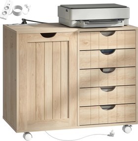 HOMCOM Mobilier pentru imprimantă cu stație de încărcare și roți 5 sertare porturi USB poliță reglabilă natural | Aosom Romania