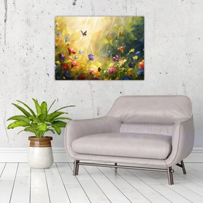 Tablou pe sticlă - Pajiște cu flori de primăvară, pictură (70x50 cm)
