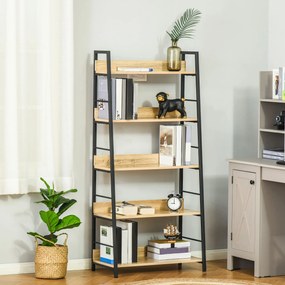 HOMCOM Bibliotecă bibliotecă de stil industrial înclinat 5 Niveluri 70L x 35l x 150H cm Culoare lemn stejar deschis Negru | Aosom Romania