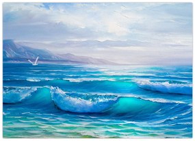 Tablou - Pictură în ulei de mare cu pescăruși (70x50 cm)