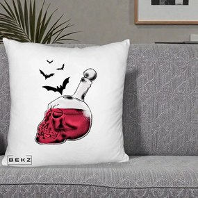 Perna Decorativa Halloween Craniu-Sticla cu Lilieci, 40x40 cm, Alb Pufos, Husa Detasabila, Perna Inclusa, BEKZ®