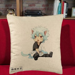 Perna Personalizata Gintama Gintoki Chibi Pisica, 40x40 cm, Bej, Husa Detasabila, Perna Inclusa, BEKZ®
