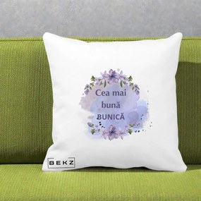 Cadou pentru Bunica - Perna Personalizata Cea Mai Buna Bunica Flori Mov Acuarela Negru, 40x40 cm, Alba Mata, Husa Detasabila, Perna Inclusa, BEKZ®