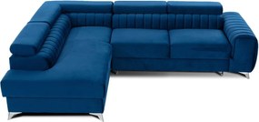 Colțar albastru extensibil/cu spațiu de depozitare cu tapițerie din catifea (cu colț pe partea stângă/în formă de ”L”) Laurence – ELTAP