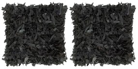 vidaXL Pernuțe shaggy, 2 buc., negru, 45x45 cm, piele și bumbac