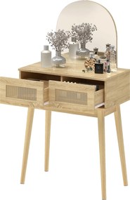 HOMCOM Masă de Machiaj cu Oglindă Arcuată 2 Sertare cu Față din Ratan pentru Spații Mici Natural | Aosom Romania