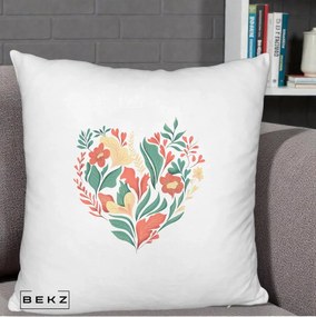 Perna Decorativa Inima Florala Botanica, 40x40 cm, Alb Pufos, Husa Detasabila, Perna Inclusa, BEKZ®