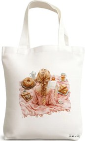 Sacosa de Panza pentru Cumparaturi, Geanta Tote, model The bookie girl 12 38 x 34.5 cm, Alba, BEKZ®