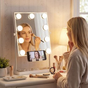 HOMCOM Hollywood Oglindă de machiaj cu lumină 9 becuri LED 3 culori comutator tactil suport pentru telefon Alb | Aosom Romania