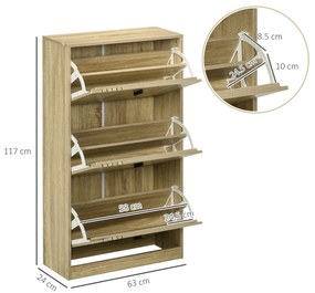 HOMCOM Dulap de pantofi cu 3 uși culisante 18 perechi capacitate mare pentru intrare hol living 63 x 24 x 117 cm stejar | Aosom Romania