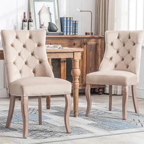 Set de 2 scaune tapițate pentru sufragerie din catifea cu spătar înalt matlasat cu nasturi, 51x47x97 cm, Bej
