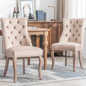 Set de 2 scaune tapițate pentru sufragerie din catifea cu spătar înalt matlasat cu nasturi, 51x47x97 cm, Bej