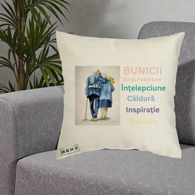 Cadou pentru Bunici - Perna Personalizata Bunicii Sursa Intelepciune Caldura Acuarela, 40x40 cm, Ecru, Husa Detasabila, Perna Inclusa, BEKZ®