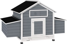 PawHut Coteț din Lemn cu 2 Cuiburi, Coteț Exterior pentru Găini cu Acoperiș Rezistent la Apă, Tavă Detașabilă și Prăjini, Adăpost pentru 2-4 Găini, Rațe, Grădină, 150x100x96,5 cm, Gri | Aosom Romania