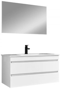 Mobilier de baie Cube 100 cm cu chiuvetă ceramică (2 sertare) și oglindă 60x100 cm vopsită în alb lucios