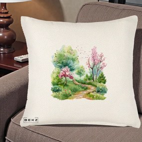 Perna Decorativa Gradina Primavara Acuarela, 40x40 cm, Crem Reliefat, Husa Detasabila, Perna Inclusa, BEKZ®