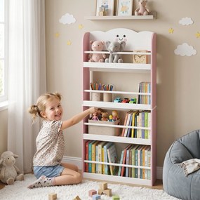 AIYAPLAY Bibliotecă Montessori Copii 3-6 Ani, Tematică Vată de Zahăr, 4 Rafturi din Lemn, Cameră Copii, Roz | Aosom Romania