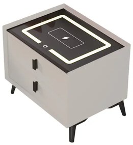 Noptiera inteligenta cu &icirc;ncărcare wireless și iluminare LED &ndash;culoare alb, 2 Sertare, design modern din sticlă și lemn