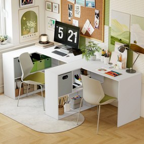 HOMCOM Birou Colțar pentru Computer, 110x100 cm, Birou în Formă de L cu Raft și Sertar din Material Textil, Masă pentru PC pentru Dormitor, Birou și Studio, Alb | Aosom Romania