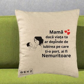 Cadou pentru Mama - Perna Personalizata Mama Nemuritoare Imbratisare Copil, 40x40 cm, Bej, Husa Detasabila, Perna Inclusa, BEKZ®