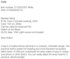 Aplica de perete, directionabila, port usb, design modern CODY alb 2112001001 NL