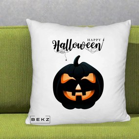 Perna Decorativa Happy Halloween Dovleac Negru cu Paianjen, 40x40 cm, Alb Pufos, Husa Detasabila, Perna Inclusa, BEKZ®