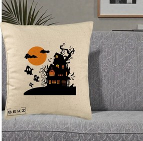 Perna Decorativa Halloween Casa Bantuita cu Fantome, 40x40 cm, Bej, Husa Detasabila, Perna Inclusa, BEKZ®
