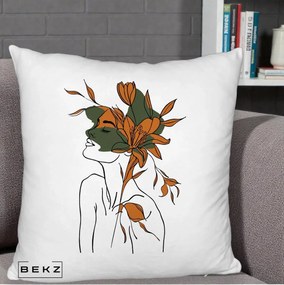 Perna Decorativa Portret Feminin Crin Auriu, 40x40 cm, Alb Pufos, Husa Detasabila, Perna Inclusa, BEKZ®