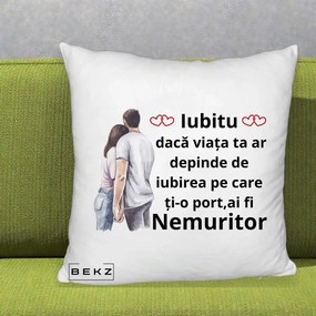 Cadou pentru Iubita - Perna Personalizata Iubitu Nemuritor cu Cuplu Acuarela si Inimi Rosii, 40x40 cm, Alb Pufos, Husa Detasabila, Perna Inclusa, BEKZ®