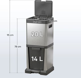 HOMCOM Coș de gunoi 20+14L cu pedală, capac, compartiment basculant, coșuri interioare detașabile, oțel inoxidabil 32,5 x 31,5 x 78 cm Argintiu | Aosom Romania