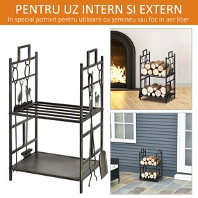 Outsunny Suport Lemne de Foc din Fier Forjat cu Instrumente pentru Semineu si Manere, Baza Suport Lemne Inaltata si Decorata, 51.5x33x77cm - Negru