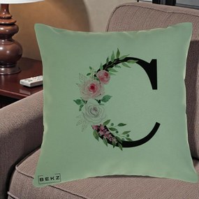 Cadou Personalizat - Perna Personalizata Monograma Florala Litera C, 40x40 cm, Verde, Husa Detasabila, Perna Inclusa, BEKZ®