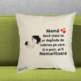 Cadou pentru Mama - Perna Personalizata Mama Nemuritoare Imbratisare Copil, 40x40 cm, Ecru, Husa Detasabila, Perna Inclusa, BEKZ®