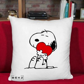 Perna Personalizata Snoopy cu Inima, 40x40 cm, Alb Pufos, Husa Detasabila, Perna Inclusa, BEKZ®