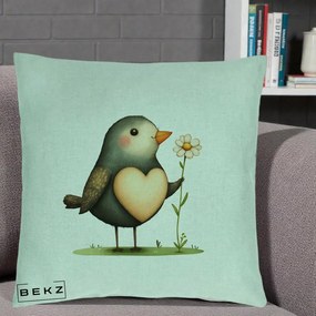 Perna Decorativa Pasare cu Inima si Margareta, 40x40 cm, Verde Menta, Husa Detasabila, Perna Inclusa, BEKZ®
