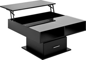 Masă de cafea multifuncțională, cu finisaj lucios și lift, cu iluminare LED, reglabilă pe înălțime și cu spațiu de depozitare flexibil, 78x78x45,5 cm, Negru