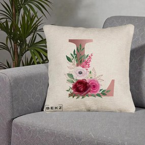 Cadou Personalizat - Perna Personalizata Monograma Rose Gold Litera L, 40x40 cm, Bej Canapea, Husa Detasabila, Perna Inclusa, BEKZ®