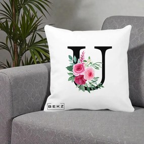 Cadou Personalizat - Perna Personalizata Monograma Florala Litera U, 40x40 cm, Alba Mata, Husa Detasabila, Perna Inclusa, BEKZ®