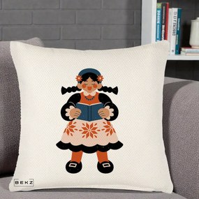 Perna Personalizata Fetita cu Carte Ilustratie Folk, 40x40 cm, Crem Reliefat, Husa Detasabila, Perna Inclusa, BEKZ®