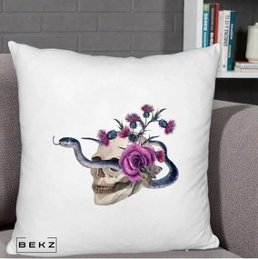 Perna Decorativa Craniu cu Sarpe si Trandafiri Gothic, 40x40 cm, Alb Pufos, Husa Detasabila, Perna Inclusa, BEKZ®
