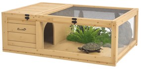 PawHut Cușcă pentru animale mici, broaște țestoase, cu 2 spații 91 x 60,5 x 32 cm lemn masiv galben deschis | Aosom Romania