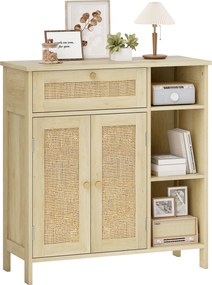 HOMCOM Bufet, mobilier de depozitare, 2 uși din ratan, sertar, nișe deschise, polițe reglabile, 75x30x79,5cm, lemn natural | Aosom Romania