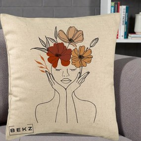 Perna Decorativa Portret Feminin Coroana Trei Flori, 40x40 cm, Bej, Husa Detasabila, Perna Inclusa, BEKZ®