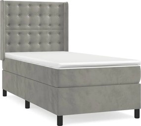 vidaXL Pat box spring cu saltea, gri deschis, 90x200 cm, catifea